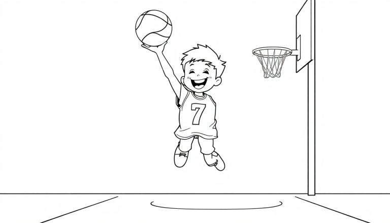 Dibujo a blanco y negro de un niño feliz jugando al baloncesto, saltando para anotar, con el número 7 en su camiseta y un aro de baloncesto al fondo. Una invitación a añadir color a la placa.