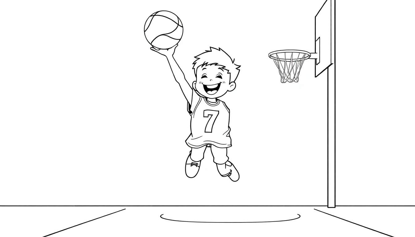 Dibujo a blanco y negro de un niño feliz jugando al baloncesto, saltando para anotar, con el número 7 en su camiseta y un aro de baloncesto al fondo. Una invitación a añadir color a la placa.