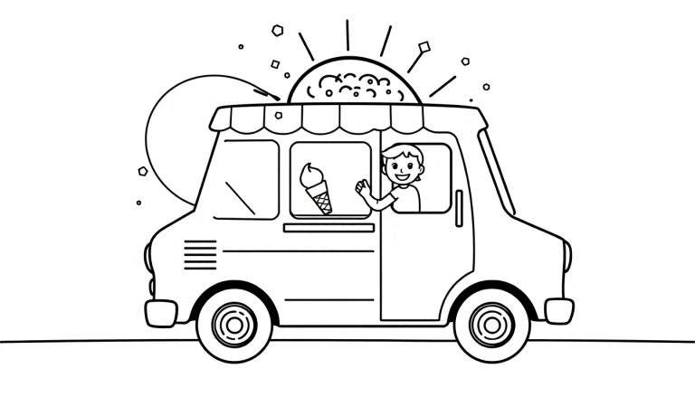 Página para colorear de un camión de helados amigable en una carretera soleada con confeti y chispas, lista para añadir color con la placa de color.