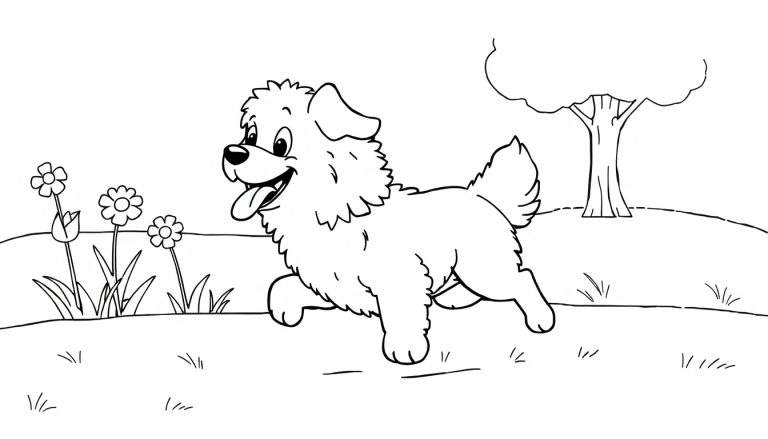 Bentley el perrito feliz corriendo, página para colorear, placa de color