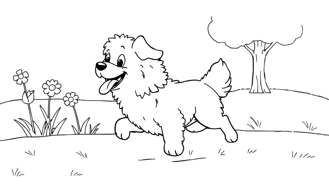 Bentley el perrito feliz corriendo, página para colorear, placa de color