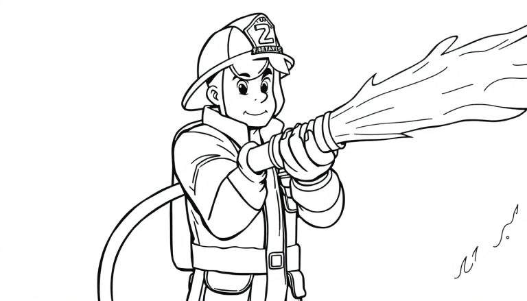 Placa de color de un bombero sonriente apuntando una manguera de agua potente.