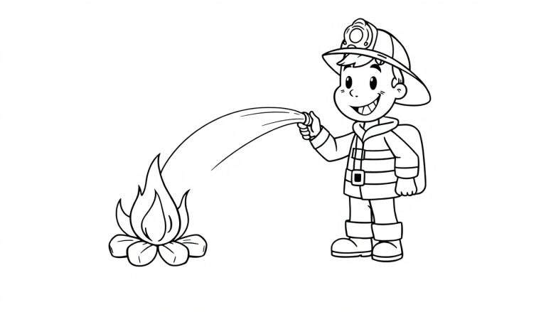 Página para colorear en blanco y negro de un bombero sonriente con un casco y una manguera, apagando un fuego con un chorro de agua.
