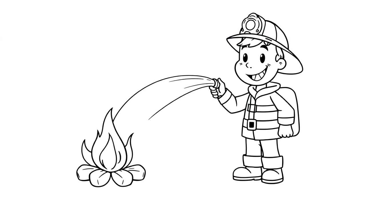 Página para colorear en blanco y negro de un bombero sonriente con un casco y una manguera, apagando un fuego con un chorro de agua.