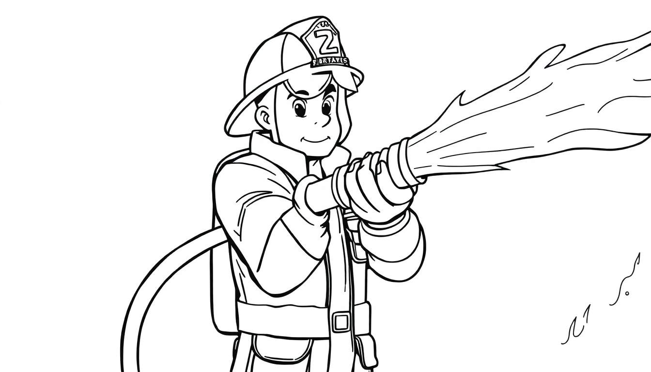 Placa de color de un bombero sonriente apuntando una manguera de agua potente.