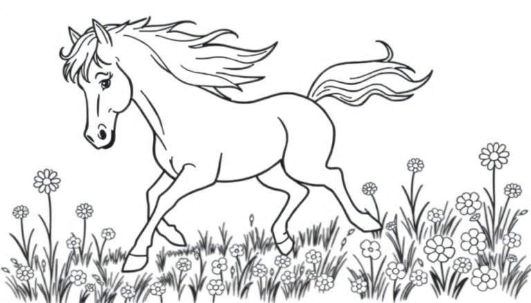 Placa de color de un caballo galopando en un campo de flores.