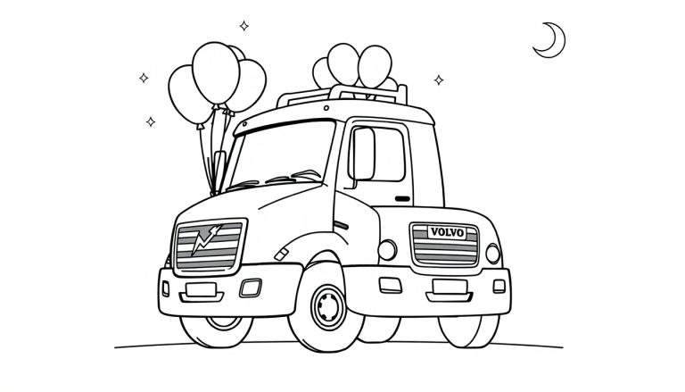 Un camión Volvo de dibujos animados negro y blanco con globos y estrellas, listo para colorear con la placa de color.
