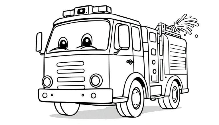 Un camión de bomberos caricaturizado y amigable, listo para apagar incendios, con una manguera rociando agua.