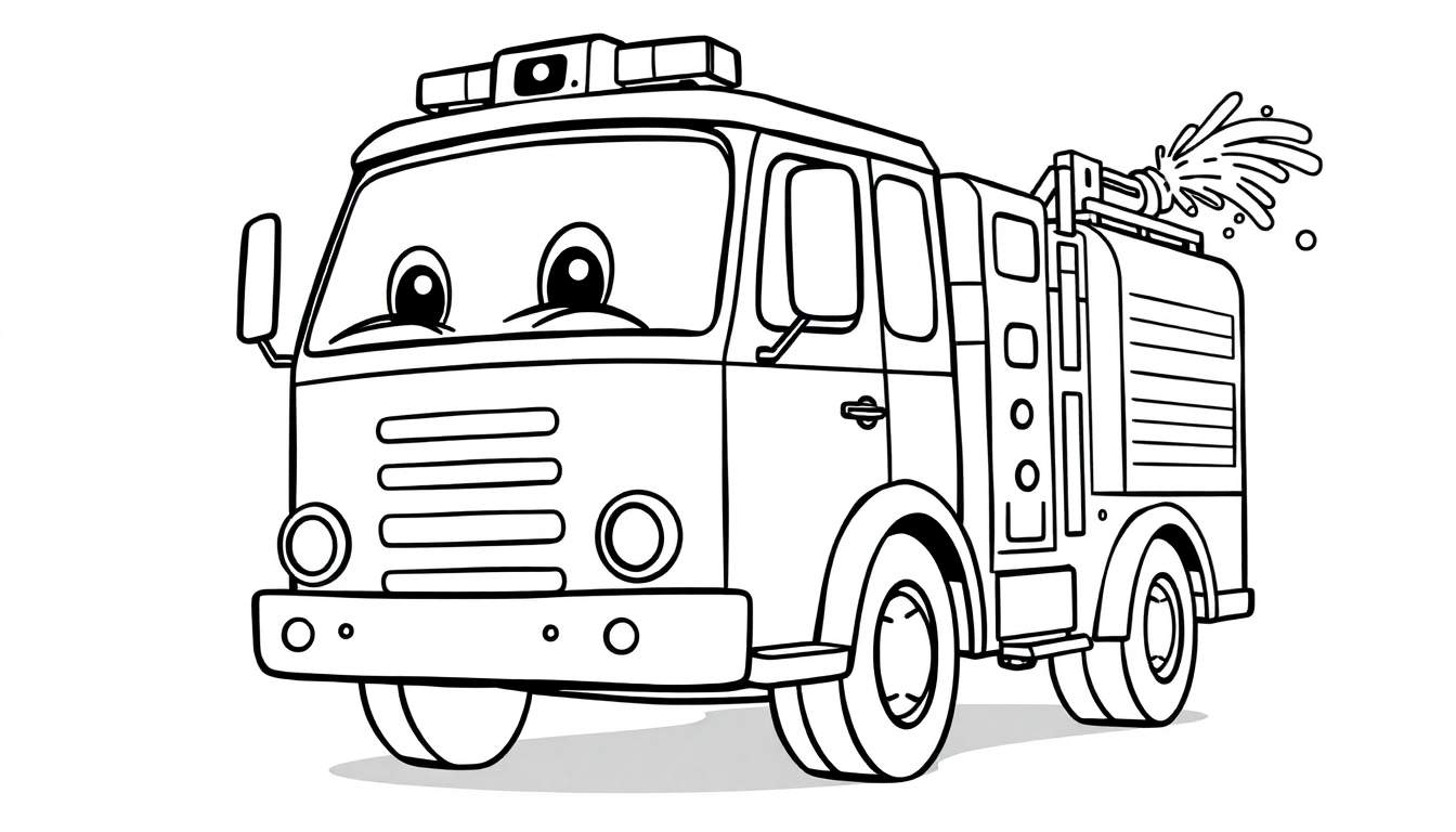 Un camión de bomberos caricaturizado y amigable, listo para apagar incendios, con una manguera rociando agua.