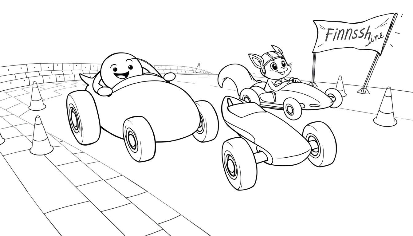 Ilustración en blanco y negro de una carrera de karts con un personaje con forma de huevo, una ardilla con casco y conos de tráfico, con la línea de meta visible.