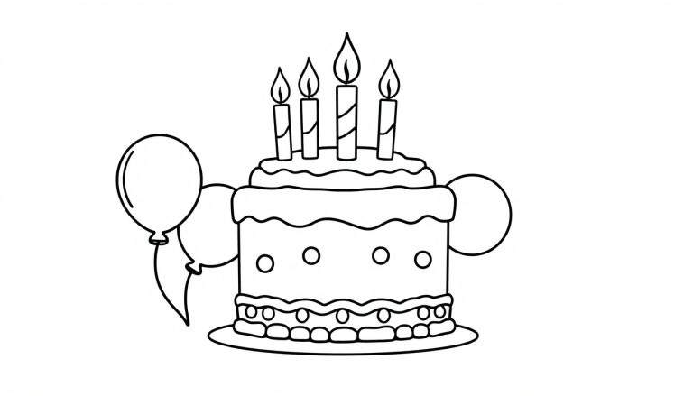 Página para colorear de un pastel de cumpleaños de dos pisos con cuatro velas encendidas, globos y cintas, todo en un plato, con un estilo de dibujo lineal en blanco y negro para colorear la placa.