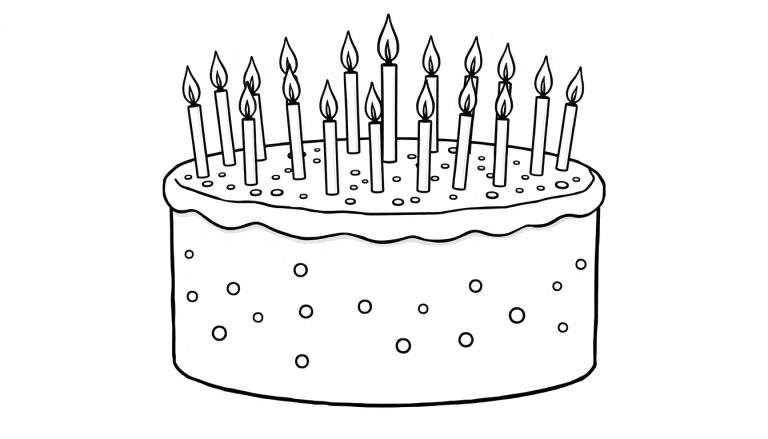 Placa de color de un pastel de cumpleaños con muchas velas encendidas y confeti.