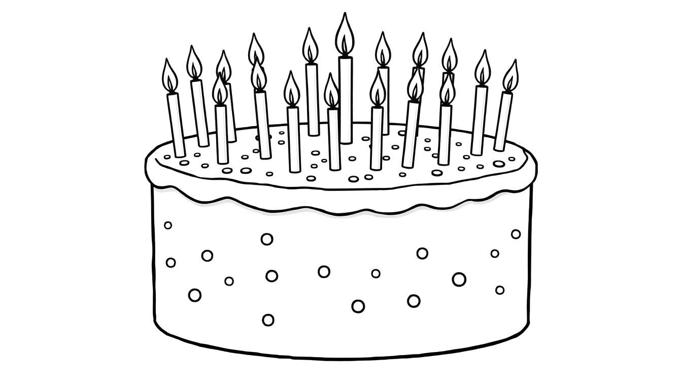 Placa de color de un pastel de cumpleaños con muchas velas encendidas y confeti.
