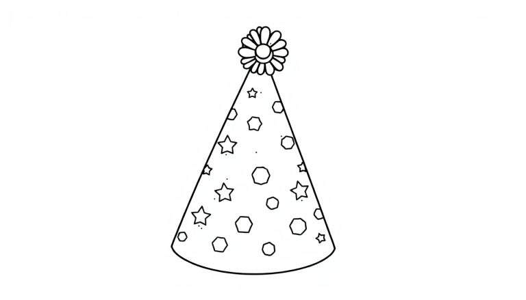 Placa de color de un gorro de fiesta cónico con estrellas, hexágonos y puntos.