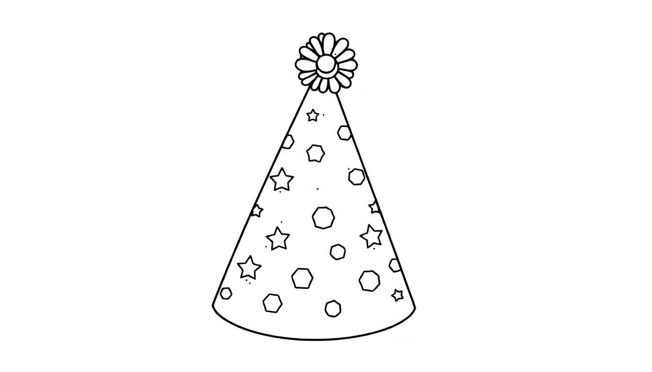 Placa de color de un gorro de fiesta cónico con estrellas, hexágonos y puntos.