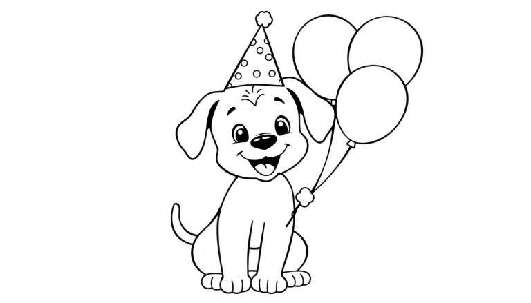 Placa de color de un cachorro feliz con sombrero de fiesta y globos.