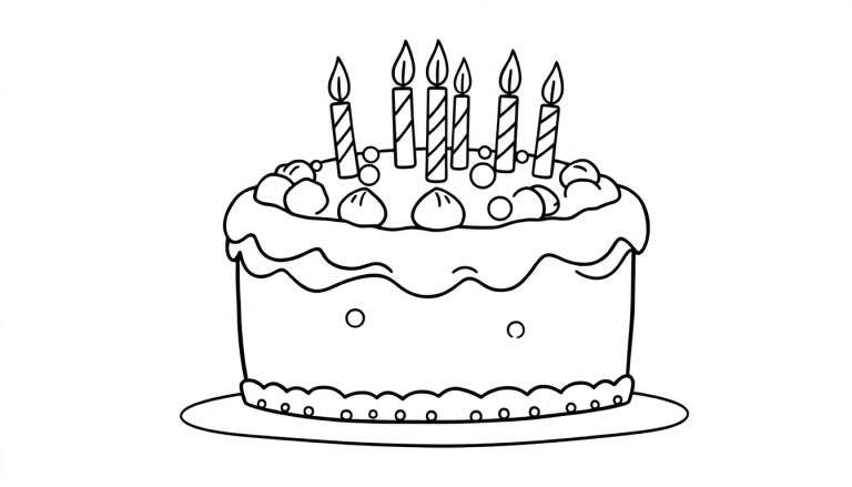 Placa de color de un dibujo lineal de un pastel de cumpleaños con seis velas encendidas.