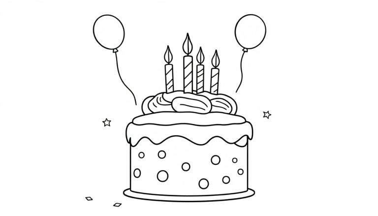Un dibujo lineal en blanco y negro de un pastel de cumpleaños de dos niveles con cuatro velas encendidas en la parte superior, globos a cada lado y confeti esparcido alrededor. Ideal como placa de color.