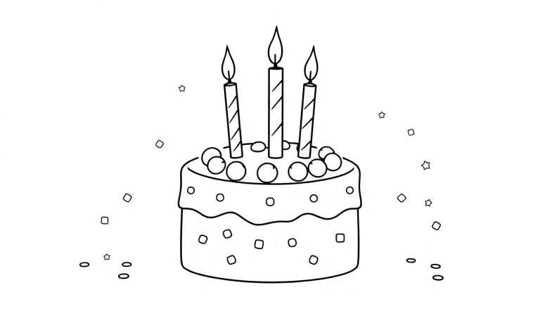 Placa de color con un dibujo lineal de un pastel de cumpleaños de dos capas con tres velas encendidas, confeti y cerezas.