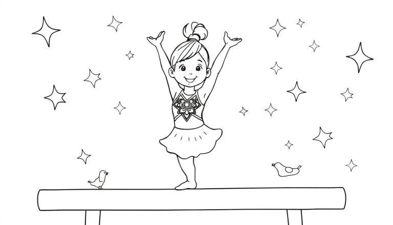 Una niña sonriente en la placa de color de gimnasia celebrando en una viga de equilibrio con estrellas y pájaros.
