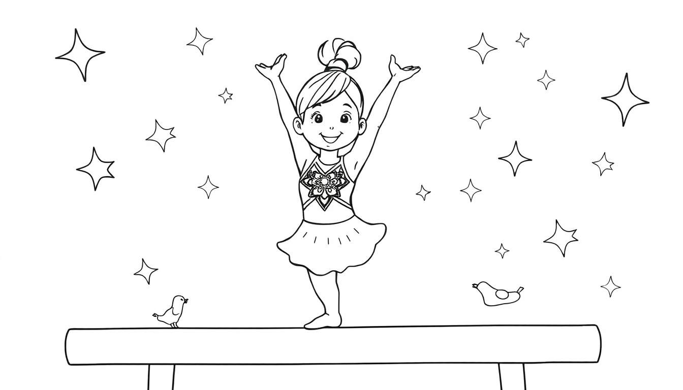 Una niña sonriente en la placa de color de gimnasia celebrando en una viga de equilibrio con estrellas y pájaros.