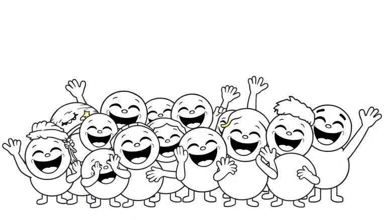 Imagen en blanco y negro de una placa para colorear con muchos emojis felices saludando.