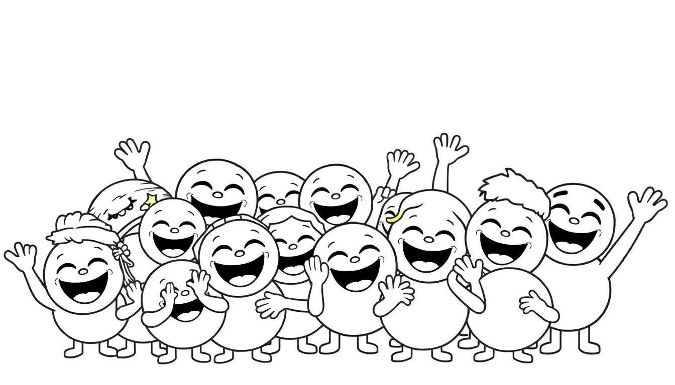 Imagen en blanco y negro de una placa para colorear con muchos emojis felices saludando.