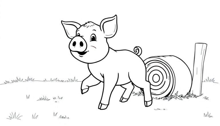Cerdo joven para colorear en una granja, con fardo de heno y cerca de madera en el fondo. Placa de color.