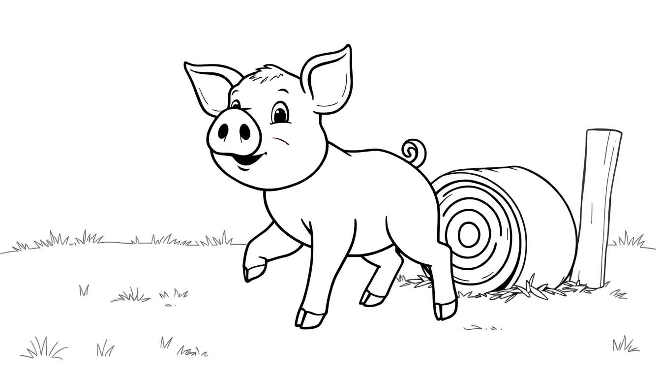Cerdo joven para colorear en una granja, con fardo de heno y cerca de madera en el fondo. Placa de color.