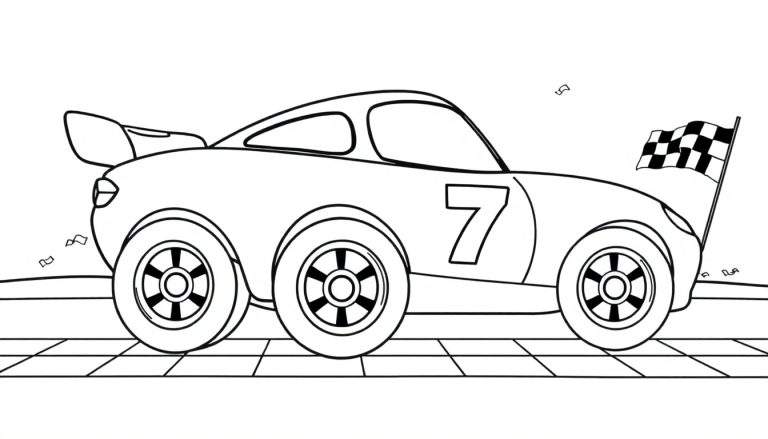Un simpático coche de carreras número 7 listo para la carrera, con una bandera a cuadros en el parachoques delantero, sobre una pista a cuadros con confeti en el aire, esperando su placa de color.