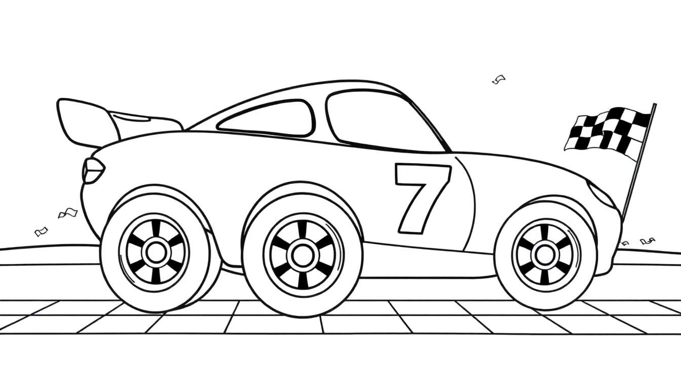 Un simpático coche de carreras número 7 listo para la carrera, con una bandera a cuadros en el parachoques delantero, sobre una pista a cuadros con confeti en el aire, esperando su placa de color.