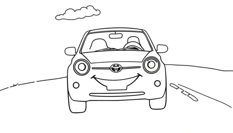Un cochecito Toyota sonriente listo para ser coloreado, con una placa de color vibrante.