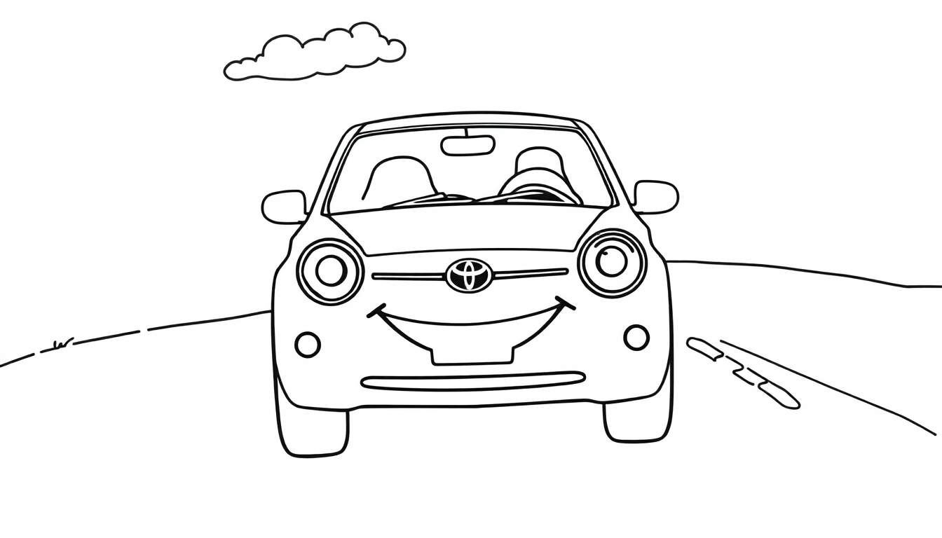 Un cochecito Toyota sonriente listo para ser coloreado, con una placa de color vibrante.