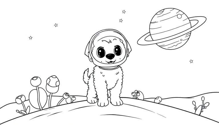 Un cachorro astronauta adorable en un planeta alienígena, listo para ser coloreado con la placa de color.