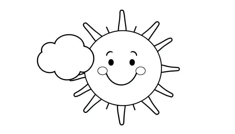 Página para colorear: sol sonriente y nubes en blanco y negro, una placa de color para dibujar.