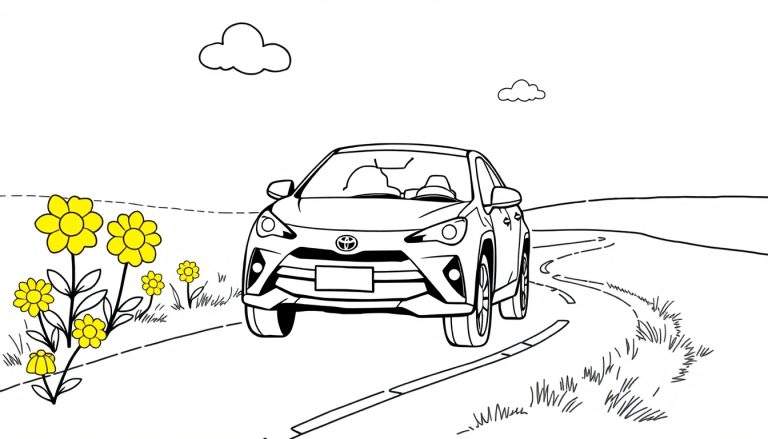Un coche Toyota sonriente en una carretera rodeada de flores amarillas y colinas, listo para ser coloreado.