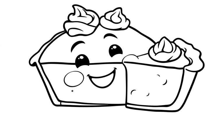 Un pastel de calabaza sonriente con una rodaja a su lado, ambos para colorear en una placa de color.