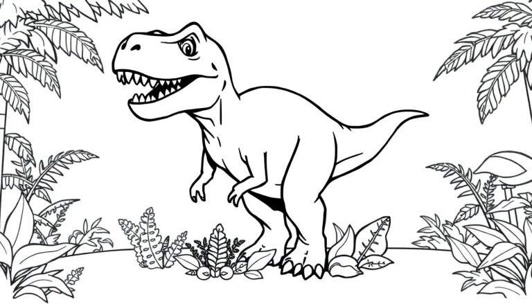 Placa de color de un T-Rex en la selva con la boca abierta.
