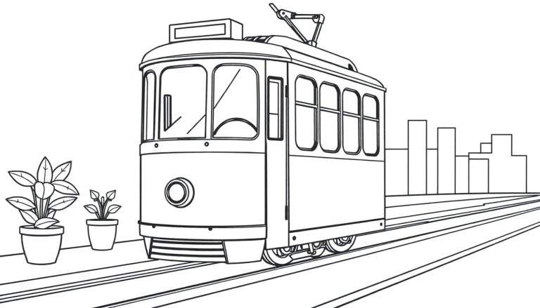 Un dibujo lineal en blanco y negro de un tranvía feliz en la ciudad, listo para colorear, con macetas y edificios en el fondo.