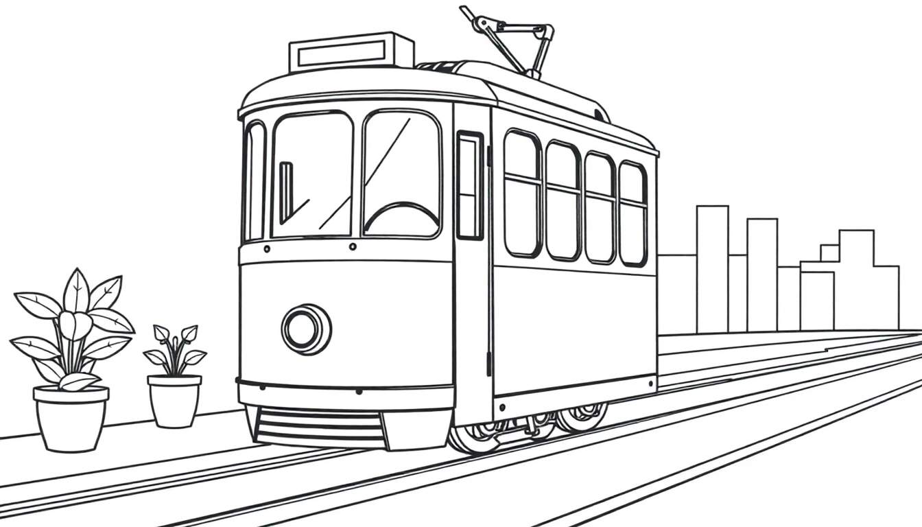 Un dibujo lineal en blanco y negro de un tranvía feliz en la ciudad, listo para colorear, con macetas y edificios en el fondo.