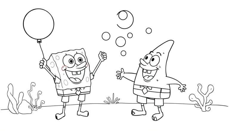 Página para colorear en blanco y negro de Bob Esponja y Patricio sosteniendo un globo en Fondo de Bikini.