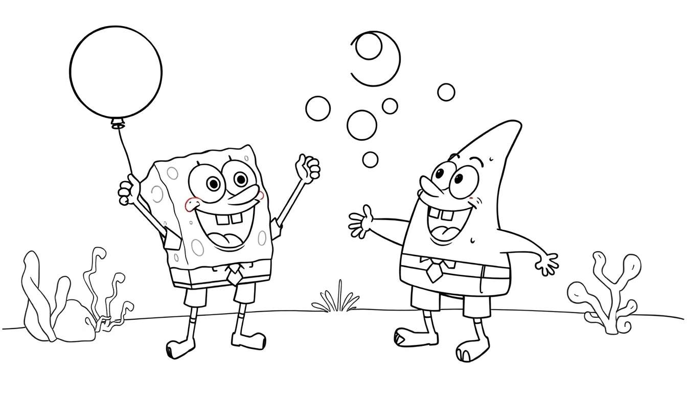 Página para colorear en blanco y negro de Bob Esponja y Patricio sosteniendo un globo en Fondo de Bikini.