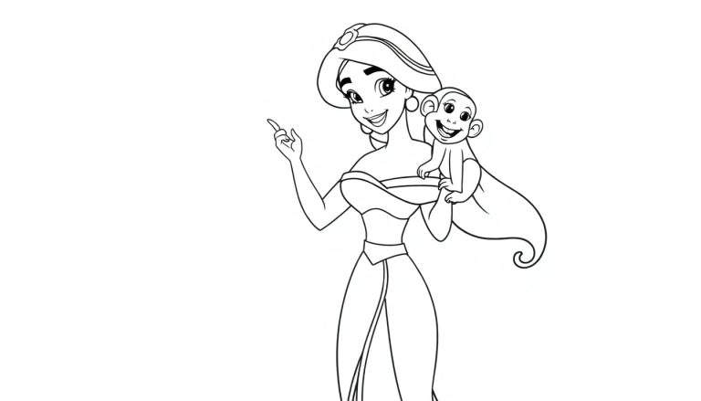 Página para colorear de la princesa Jasmine y Abu. Placa de color.