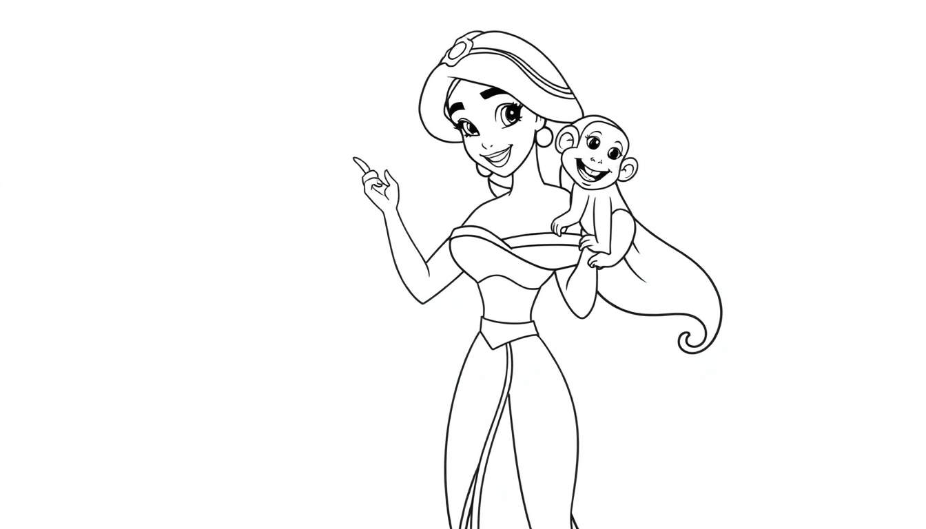 Página para colorear de la princesa Jasmine y Abu. Placa de color.