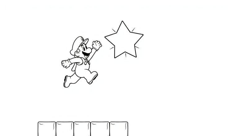 Placa de color de Mario saltando hacia una estrella.