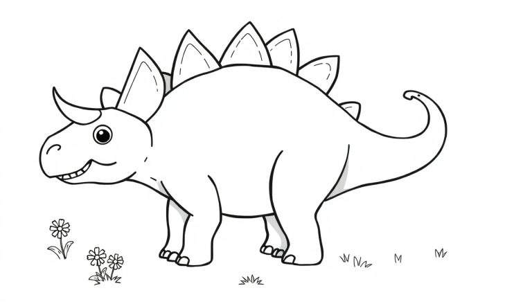 Un Estegosaurio amigable para colorear, con sus grandes placas y cola puntiaguda.