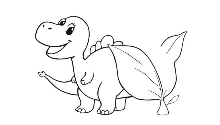 Dinosaurio de dibujos animados sonriente con una hoja en la espalda, listo para colorear con una placa de color.