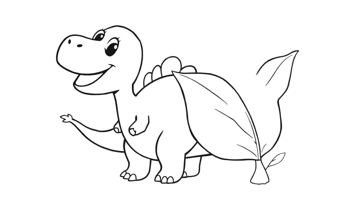 Dinosaurio de dibujos animados sonriente con una hoja en la espalda, listo para colorear con una placa de color.