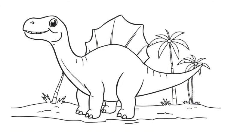 Un dinosaurio herbívoro amigable con placas de color en la espalda, listo para colorear.