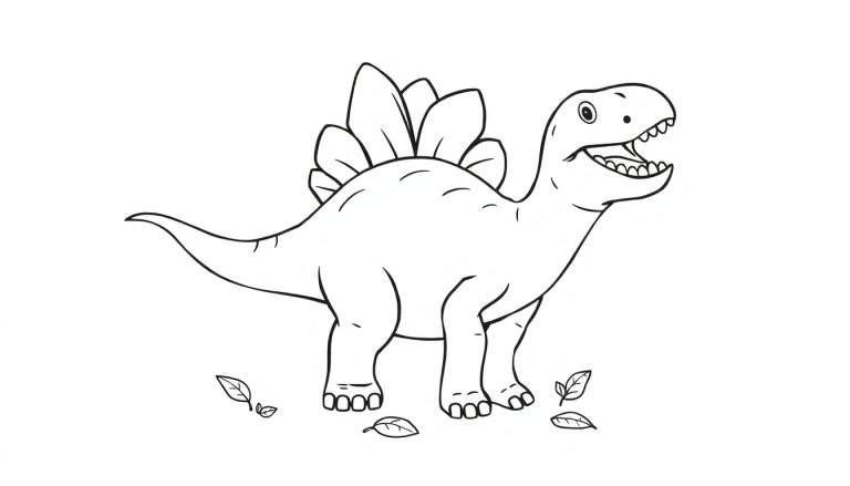 Un dibujo lineal de un estegosaurio con grandes placas en la espalda y la boca abierta, listo para ser coloreado, con hojas alrededor.